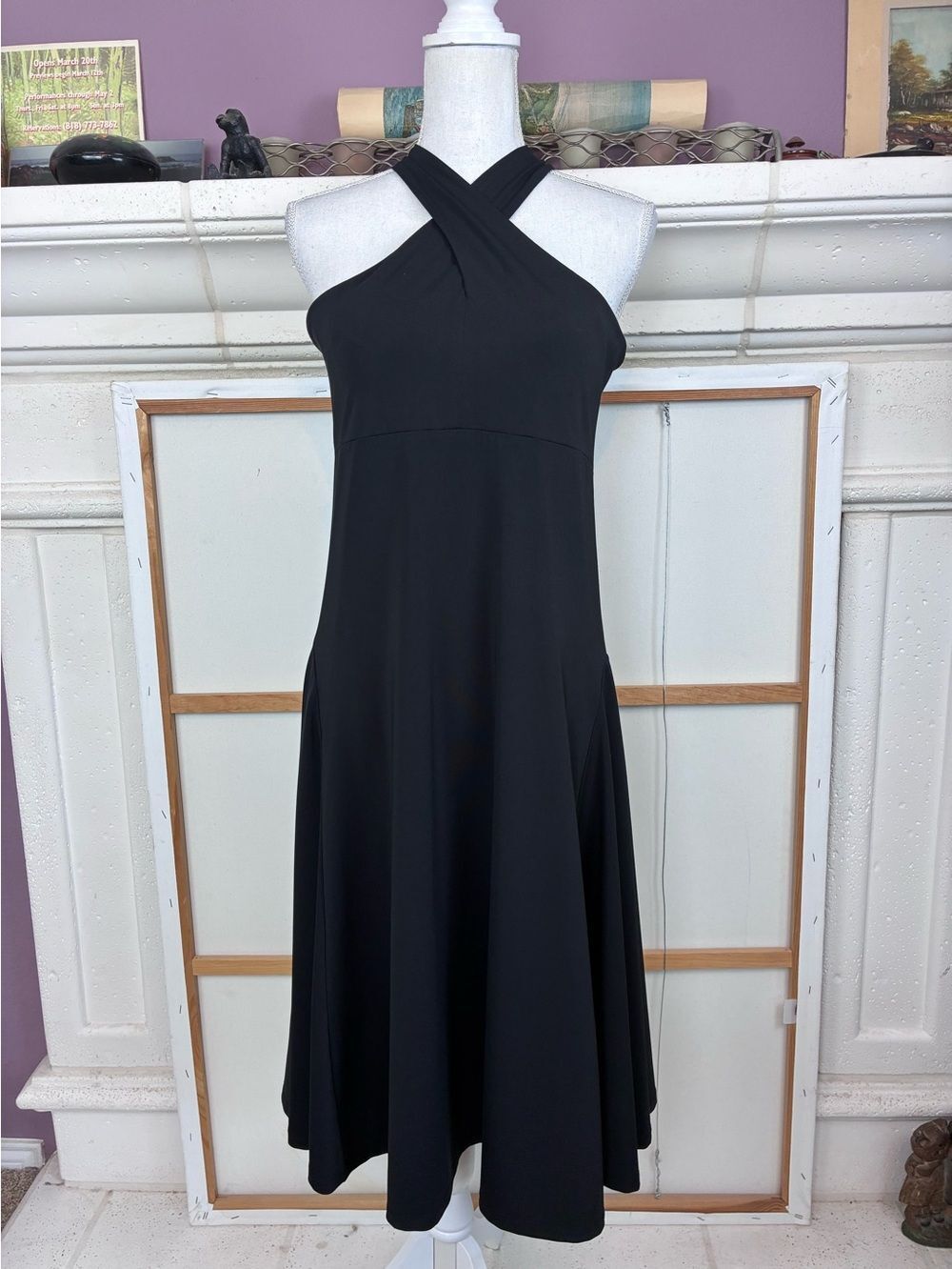 Michael Kors Black Cross-Neck TBack Midi Dress w/ Logo Buckle